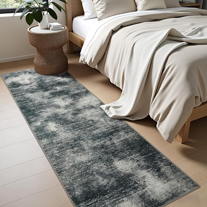 Joydeco 2x6 Washable Runner Rug for Hallway, Modern Abstract Non-Slip Soft Rugs, Low Pile Carpet for Entryway, Bedroom, Kitchen, Laundry, Light Gray & White & Dark Gray