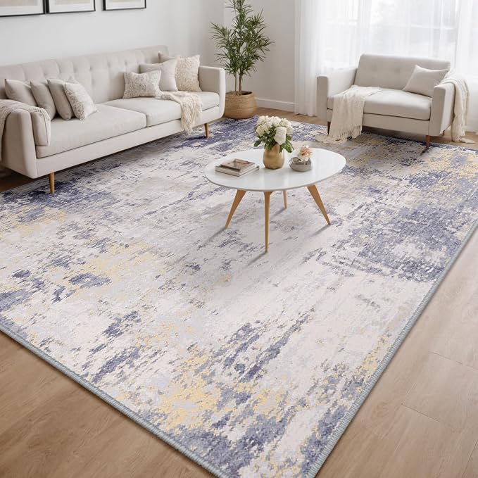 RELEANY Washable 6'x9' Abstract Area Rug for Living Room Gray Yellow | Carpet for Bedroom, Kitchen, Office, Hallway and Entryway, Printed Pattern, Non‑Slip, Soft, Stain‑Resistant, Easy to Clean