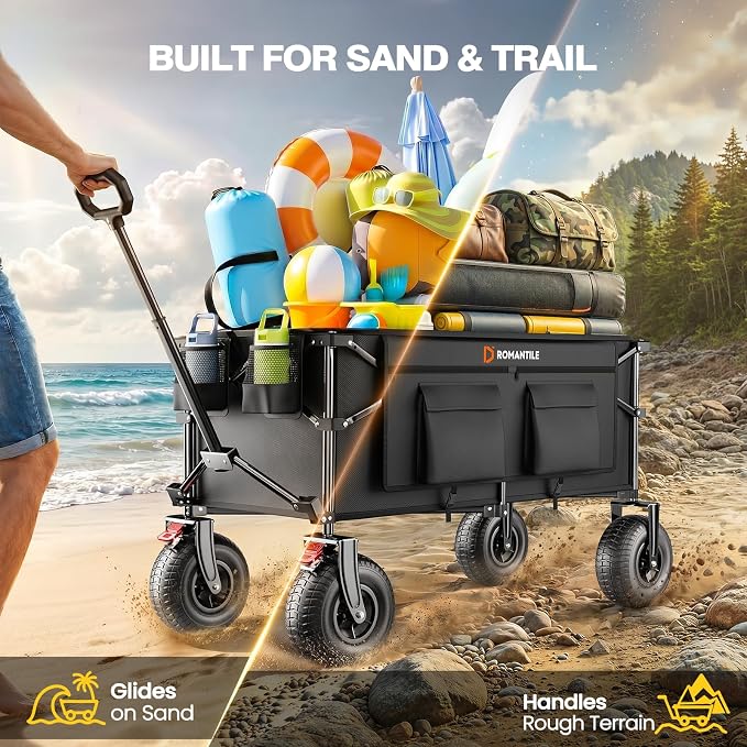 All-Terrain Beach Wagon with 9x3.5IN Big Inflatable Rubber Wheels for Sand, 240L Collapsible Wagon Cart, 450lbs Heavy Duty, Quiet Smooth Ride, Puncture-Resistant Tires, Side Pockets, Black