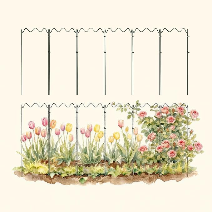 6 Pack Plant Support Stakes, Wavy Metal Garden Plant Stake, Peony Cages and Supports, 10"(W) x 30" (H) Flower Support Ring for Peonies, Hydrangea