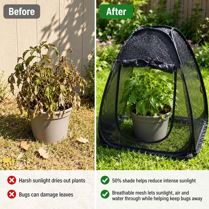 2PCS Pop up Plant Shade Tents（28 x 28 x 32 in-50% Shade Mesh Plant Cover with 16 U-Shaped Stakes for Outdoor Plants, Pop up Gardening Net Cover with Zipper Door, Guard Cover for Potted Plants