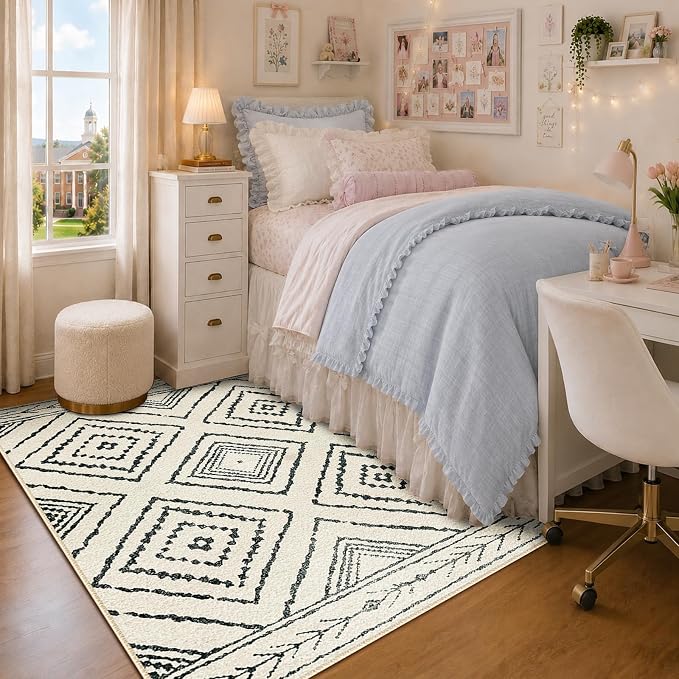 5'x7' Washable Area Rug for Living Room Bedroom White Black | Soft Western No Slip Low Pile Print Foldable Indoor for Kitchen Dining Room