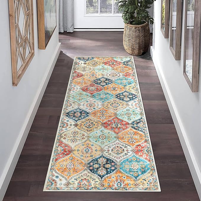 ROYHOME Hallway Runner Rug 2x8 Washable Moroccan Trellis Runner Rug, Cream | Stain Resistant Non-Slip Floor Cover Vintage Distressed Entrance Carpet for Laundry Kitchen Entryway Bedroom