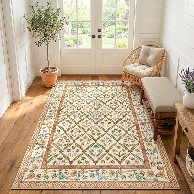 jinchan 5x7 Vintage Floral Washable Living Room Area Rug, Terracotta | Soft & Lightweight, Checkered Floral, Low Pile, Non Slip, Bedroom, Dining Room, Girls Room, Home Office, Cottage Decor