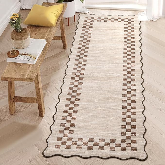GarveeHome Rug Runner for Hallways 2x8 Washable Kitchen Runner Rug Non Slip | Low Pile Bedside Throw Carpet Modern Bordered Runners Checkered Area Rugs for Living Room Bedroom Entryway Nursery, Beige