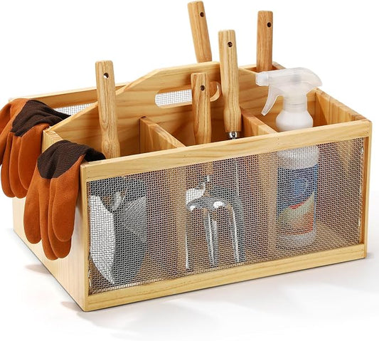 Teenyyou Garden Tool Organizer Wooden Garden Caddy with 4 Compartments and Handle Portable Gardening Tool Basket Nesting Box Practical Gardener Gift for Gardening Lovers