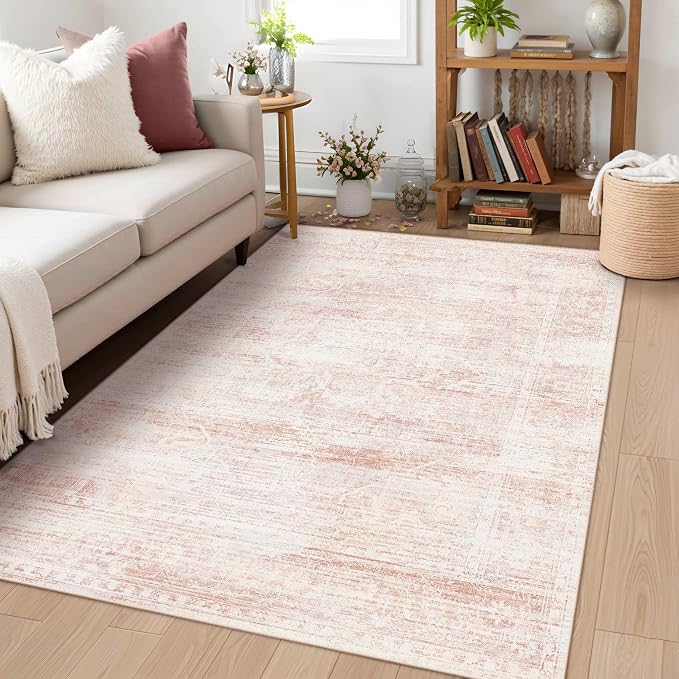 Latte&Fog 3x5 Entryway Pink Area Rugs, Vintage Floral Washable Cute Rugs | for Girls Bedroom Dining Kitchen Kids Playroom Nursery Classroom Dorm Farmhouse Office, Non Slip Low Pile Soft Floral Carpet