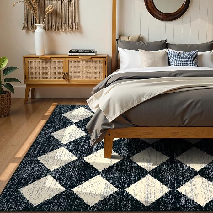Checkered Area Rug 8x10 Black, Washable Non Slip Modern Living Room Bedroom