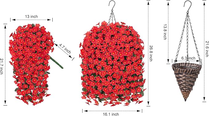 HyeFlora Artificial Fake Hanging Flowers Plants Basket for Outdoor Outside Spring Summer Decor, Faux Silk Red Daisy Flower Look Real UV Resistant Orchid Vine Plant for Porch Garden Yard Patio Home