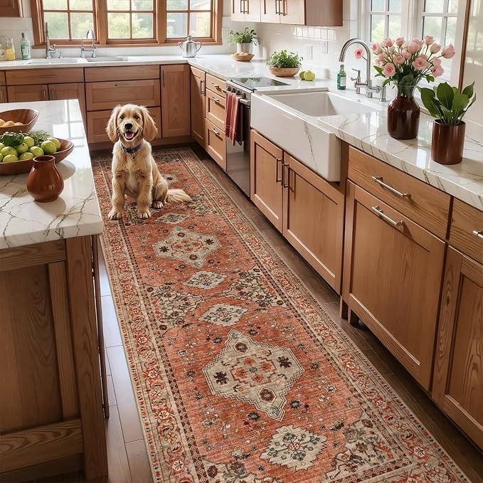 Tangsoo Boho 3x8 Washable Runner Rugs for Hallway, Runner Rug Non Slip | Vintage Soft Low Pile Long Rug Runner, Oriental Terracotta Indoor 8ft Carpet Runners for Kitchen Bedroom Entryway Living Room