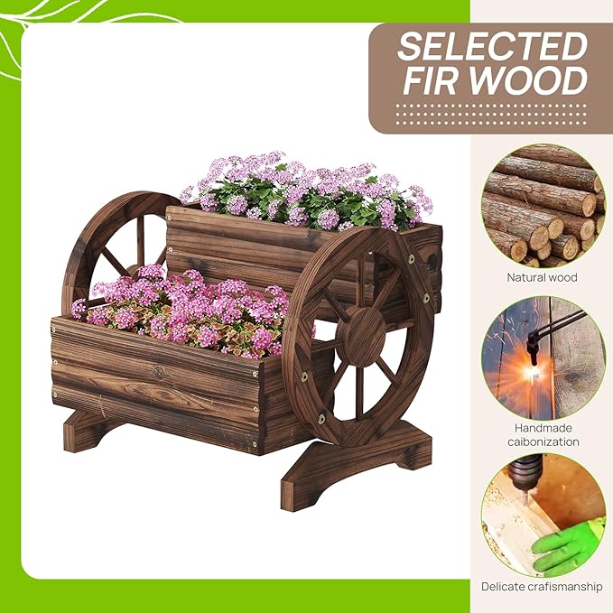 Wooden Wagon Planter with Wheels,Flower Pots, Carbonized, Large | Flower Cart Design, Outdoor Garden Use, Indoor & Backyard Compatible, Patio & Balcony Decor