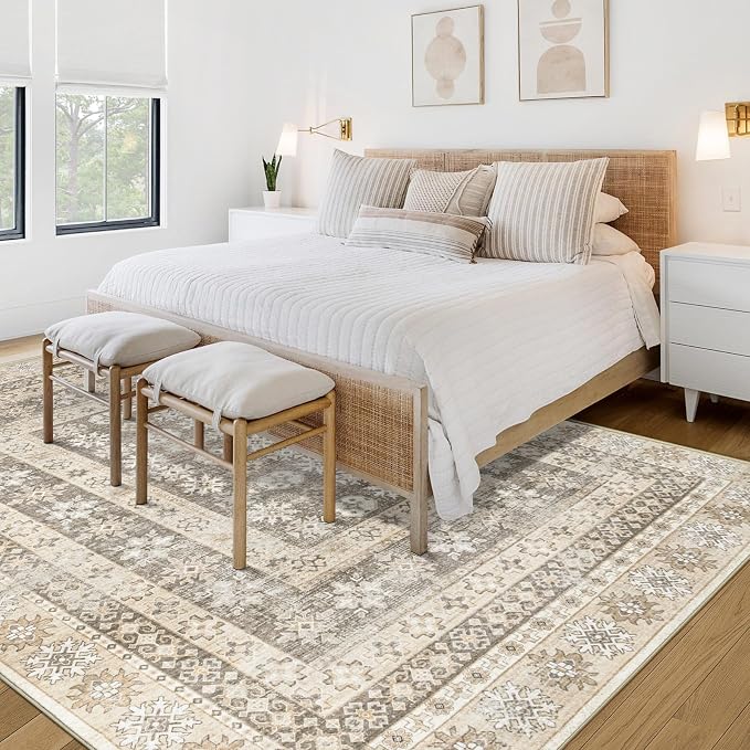 Area Rug for Living Room 9x12: Large Washable Boho Moroccan Rugs Geometric Floral Rug, Non-Slip Foldable Morden Farmhouse Indoor Floor Carpet for Bedroom Dining Table Home(FloralBrown, 9'x12')