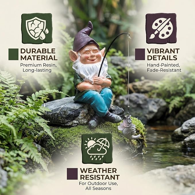 Gnomes Decoration for Yard Outdoor Garden Decor 9.7 Inch Tall Fishing Gnome Statue for Koi Pond, Waterfalls or Poolside Ornaments, Fisher Guy Outdoor Statues, Gift for Mom & Women