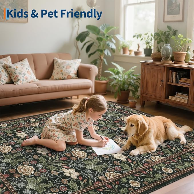 GarveeHome Green Washable Area Rug 5x7, Retro Floral Low Pile Non Slip Living Room Rug Soft Cottage Core Rug Farmhouse Indoor Carpet for Bedroom Dining Room Playroom