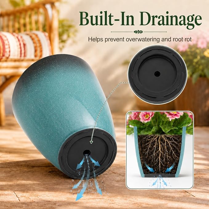 Neoaider Set of 3 Tall Planter, 24/21/12in Large Plastic Planter, Sky Blue | Ceramic-Look, Lightweight, Built-in Drain Hole, Saucers, Tall Outdoor Planter for Porch, Garden, Patio, Balcony
