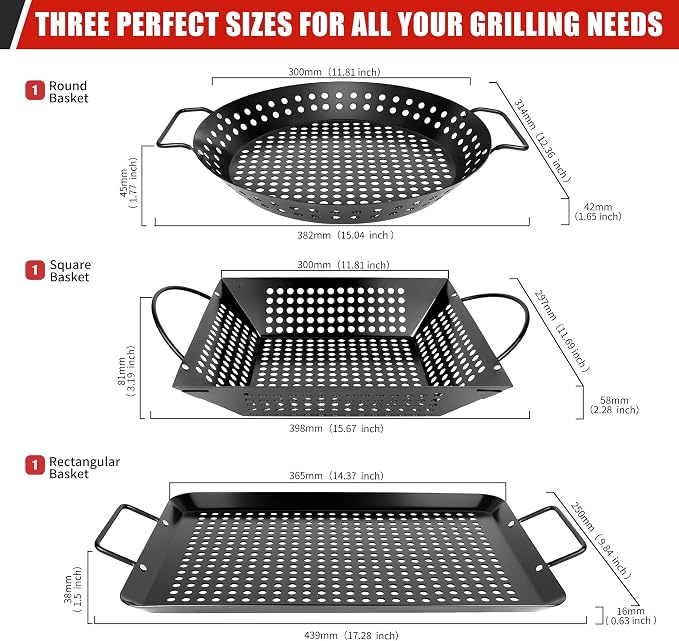 Qetumst Large 3 Piece Grill Basket Set for Outdoor Grill, Heavy Duty Veggie Grilling Pan with Riveted Handles, Warp Resistant Nonstick BBQ Accessories for Vegetables, Seafood & Meat