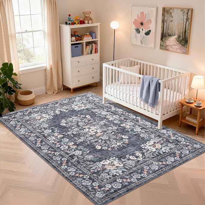 GarveeHome Washable 3x5 Vintage Area Rug for Living Room Bedroom | Boho Botanical Throw Floor Carpets Non-Slip Flower Bordered Accent Mats Floral Area Rugs for Dining Room Office Hallway Blue