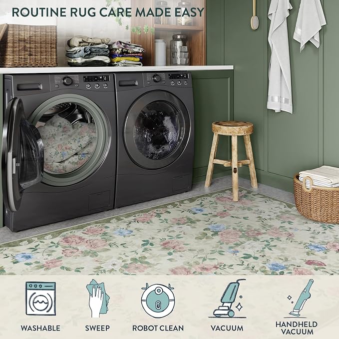 Lahome Cream and Green Vintage Floral 8x10 Rug for Living Room | Large Boho Area Rug Machine Washable, Low Pile Bedroom Rug for Office, Playroom, Dining Room, Nina