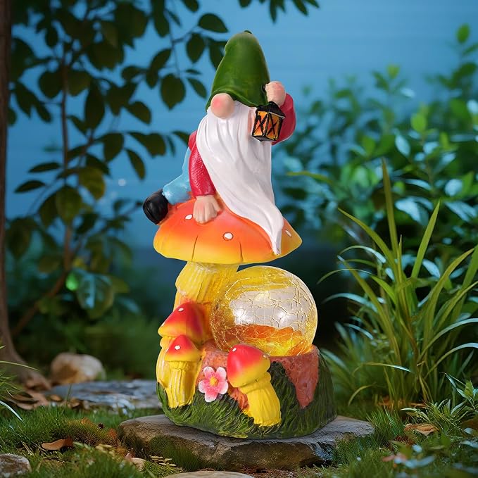 Garden Gnomes Outdoor Statues with Light, Gnomes Decorations for Yard, Solar Garden Gnome with Mushroom Decor, Lawn Ornaments for Patio, Balcony Housewarming- Unique Women Gifts