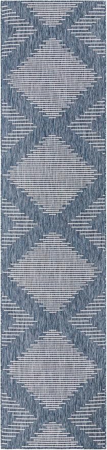 Unique Loom Outdoor Modern Collection Area Rug - Tambor (3' 3" x 14' 1" Runner, Blue/ Ivory)