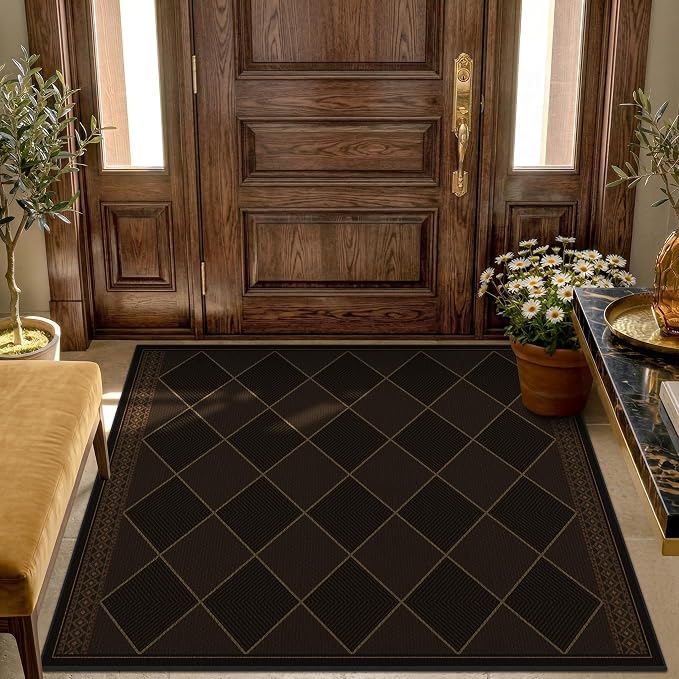 Outdoor Indoor Checkered Entryway Rug 3x4, Washable Durable Non-Slip Low Pile Boho Easy Jute Rug for Porch, Kitchen, Patio & Backyard, Modern Dark Brown Diamond Geometric Pattern Stain Resistant