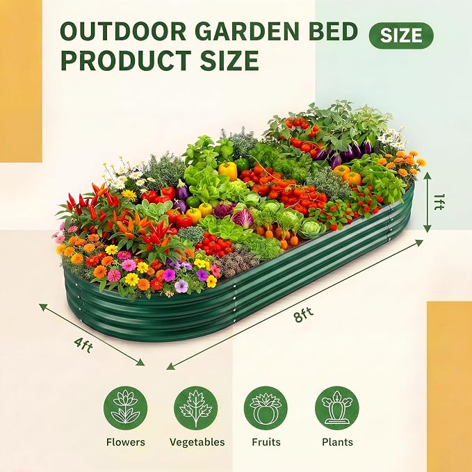 Land Guard 2Pcs 8ft Galvanized Steel Raised Garden Bed, 8 x 4 x 1 ft Large Metal Raised Planter Beds, Raised Garden Bed for Vegetables, Green