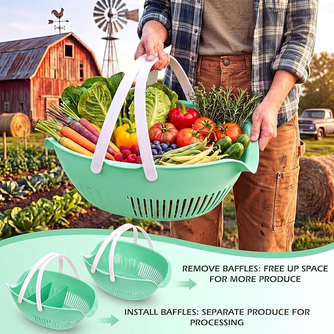 Nuogo 3 Pcs Garden Harvest Basket Removable Partitions with Tool Caddy for Collecting Carrying and Cleaning Harvesting Basket Doubles Colander for Vegetables and Fruits Garden Accessories (Sage Green)