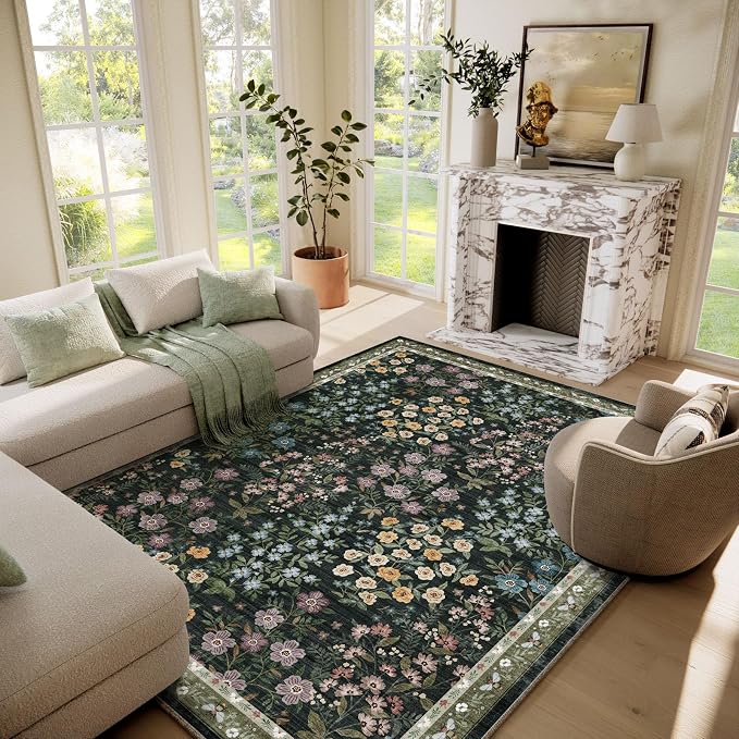 Machine Washable Living Room Rug: 6x9 Area Rugs for Bedroom Vintage Stain Resistant Non Slip Low Pile Lightweight Soft Carpet for Kitchen Dining Room Farmhouse Kids Room Nursery Indoor