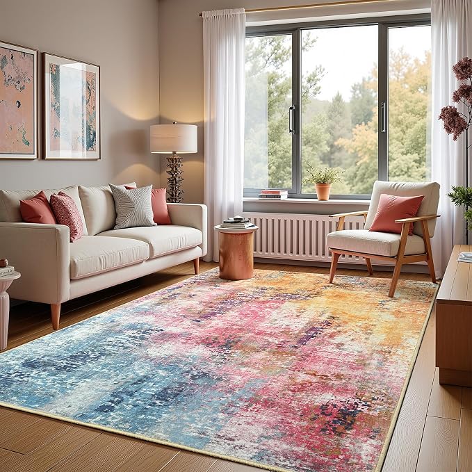 4x6 Colorful Washable Area Rug for Living Room Bedroom, Modern Abstract Non-Slip Rugs, Low Pile Soft Stain Resistant Carpet for Dining Room, Kitchen, Office, Dorm, Bedside Decor