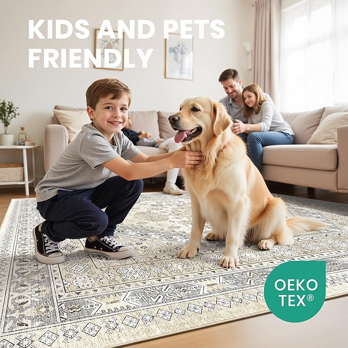 10x14 Area Rugs for Living Room,Large Washable Rug,Beige | Rugs for Bedroom,Dining Room,Office,Low Pile,Soft, Vintage Rug,Stain Resistant Indoor Carpet,Non Slip,Home Decor