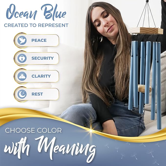Ocean Blue Memorial Wind Chimes for Loss of Loved One - Beautifully Packaged, Tranquil Sounding Sympathy Wind Chimes for Outside - A Deeply Meaningful Sympathy Gift or as Memorial Gifts for Loss (32")
