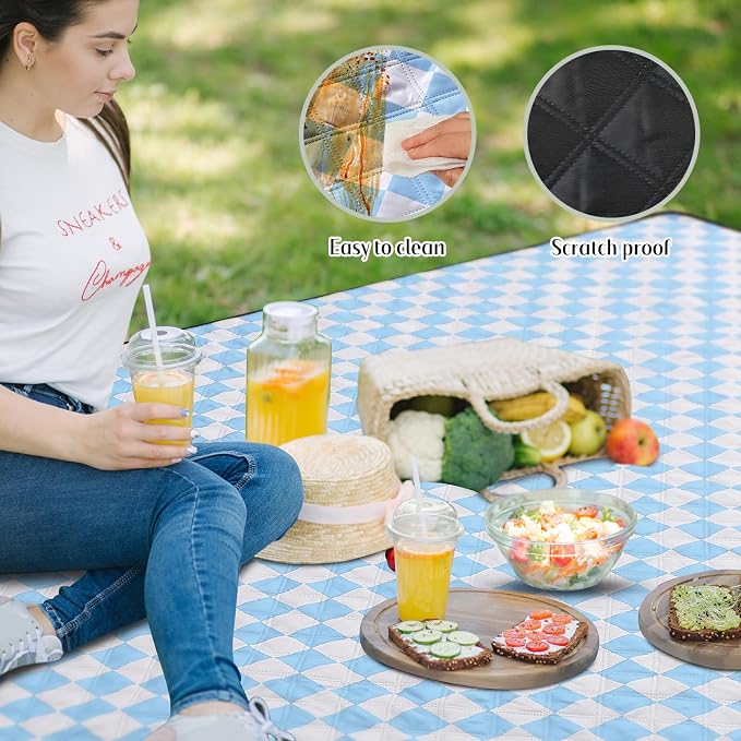Nuanchu Checkered Picnic Blanket Extra Large Outdoor Blanket Sandproof 80"x80" Waterproof Portable Machine Washable 3 Layer Thick Gingham Picnic Mat for Beach Camping Park Grass Travel(Light Blue)