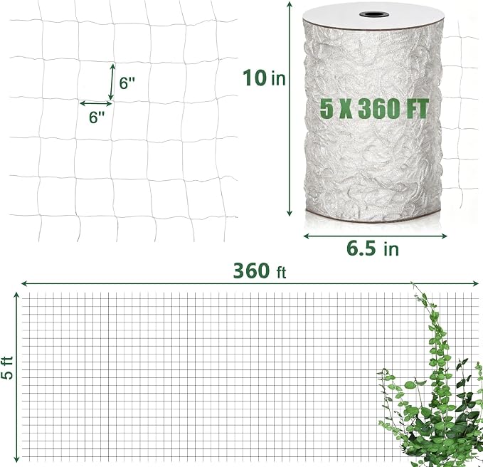 Nylon Trellis Netting Roll 5 x 360 ft, Oltara Heavy Duty Garden Netting with 6 Inch Soft Mesh, Plant Support Mesh for Climbing Plants, Vegetables, Fruits, Cucumbers, Peas, Tomatoes