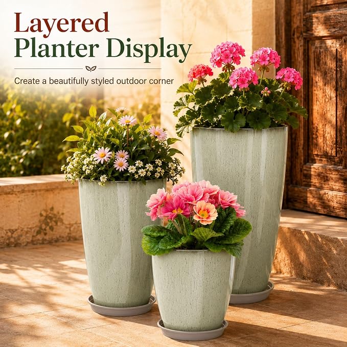 Neoaider Set of 3 Tall Planter, 24/21/12in Large Plastic Planter, DripGlaze | Ceramic-Look, Lightweight, Built-in Drain Hole, Saucers, Tall Outdoor Planter for Porch, Garden, Patio, Balcony