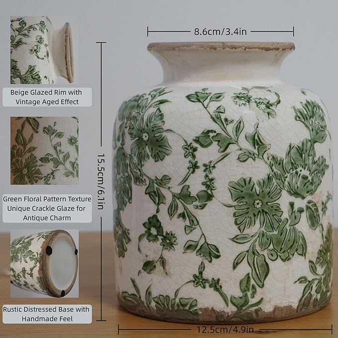 Vintage Green Crackle Glaze Ceramic Flower Vase, 6” Small Rustic Pottery Decorative Botanical Vase with Distressed Beige Rim French Country Farmhouse Cottage Tabletop & Mantel Home Decor