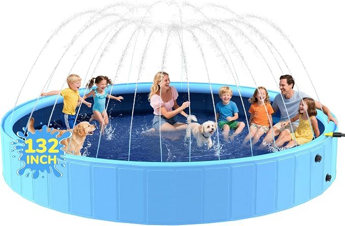 132'' Foldable Dog Pool, Giant Sprinkler Pools for Kids, Non-Slip Heavy Duty Dogs Pool for Large Dogs, Hard Plastic Kiddie Bathtubs for Backyard（11ft）