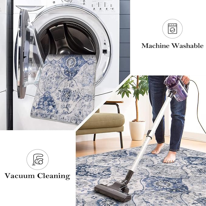 Lahome Moroccan Washable Small Area Rug, 3x5 Rugs for Bedroom Living Room | Trellis Non-Slip Oriental Throw Carpet for Kitchen Office Entryway Bathroom Office Elise White/Royal, Blue