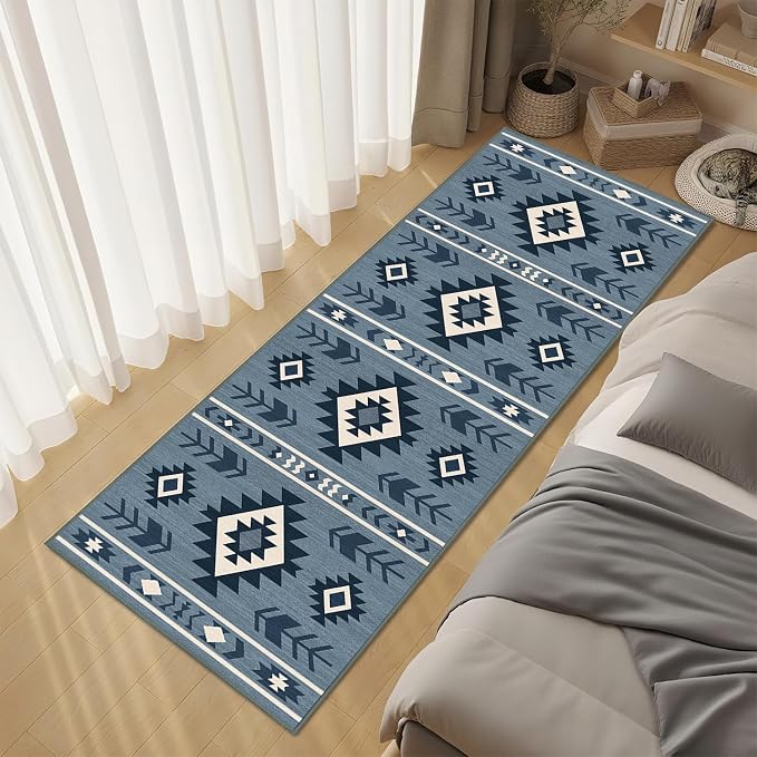 Western Runner Rug 2x6 for Hallway Kitchen Bedroom, Southwestern Aztec Tribal Runner Rugs Southwest Navajo Machine Washable Rug Non-Slip Printed Low-Pile Floor Carpet Mat for Living Room, Blue