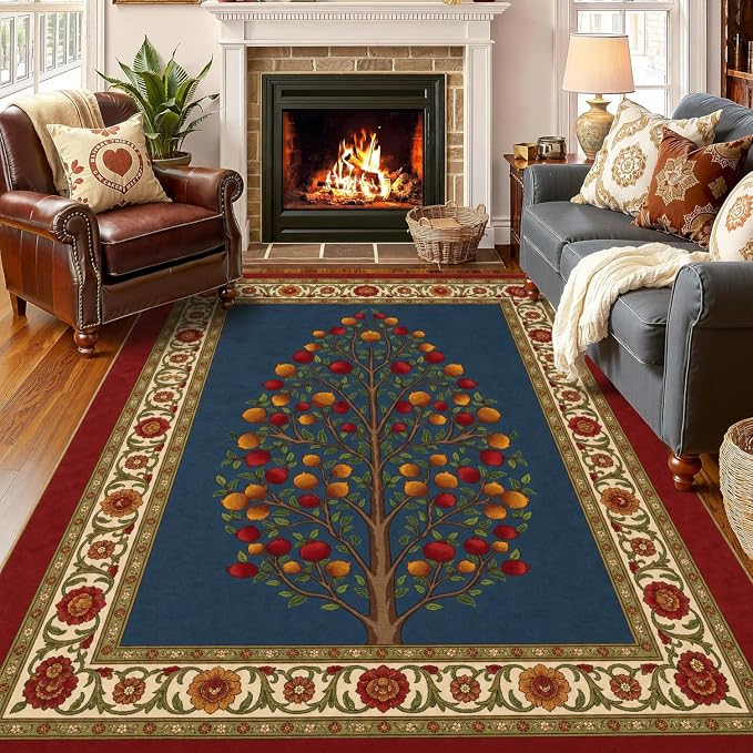 9CH Vintage Traditional Area Rug 5x7, Washable Oriental Capet Soft Non Slip Blue Red Tree of Life Rugs for Living Room Bedroom Home