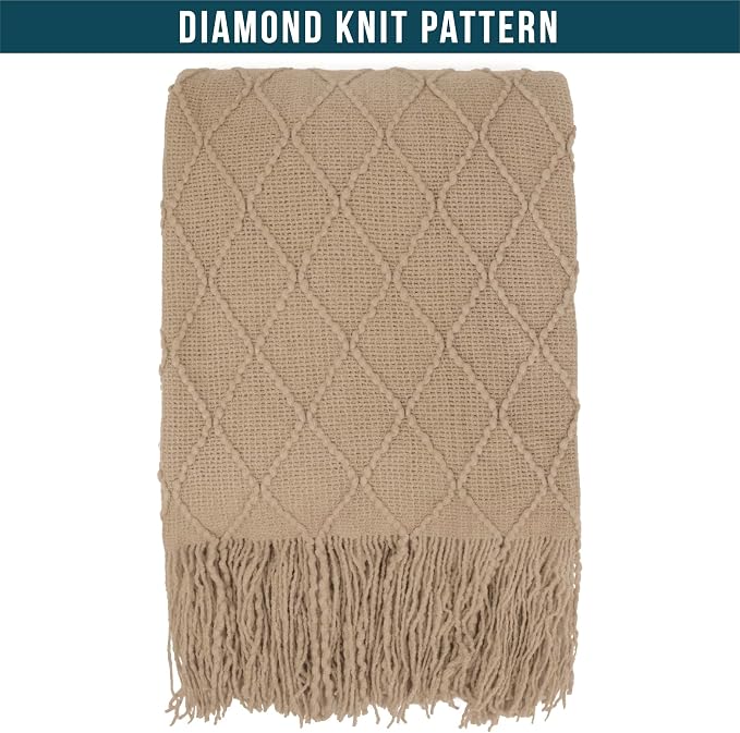 PAVILIA Tan Taupe Knit Throw Blanket for Couch Bed, Soft Knitted Farmhouse Sofa Throw for Living Room, Lightweight Decorative Fall Throw Blanket for Chair, Outdoor Textured Boho Blanket, 50x60