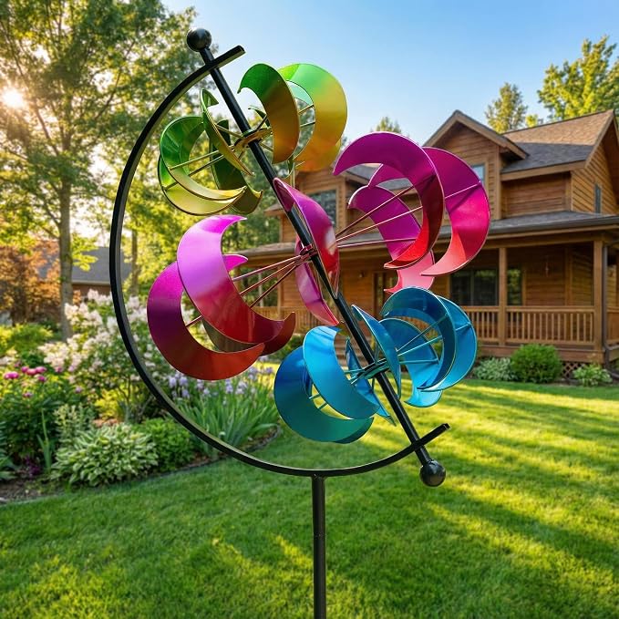 Large Kinetic Solar Wind Spinner Outdoor Metal 3D Yard Art with Stake | Multi-color wind sculpture creates a dynamic display, perfect for garden, patio, lawn and backyard outdoor decoration