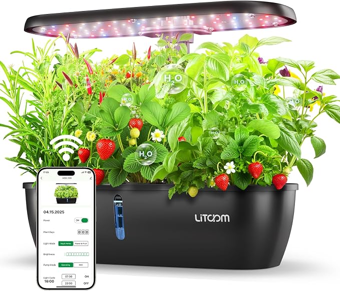 litokam Hydroponics Growing System Kit, 15-Pod Indoor Herb Garden Planter with 24W Grow Light & APP Control, Indoor Gardening System with 2 Grow Modes, Quiet Pump & 24H Timer