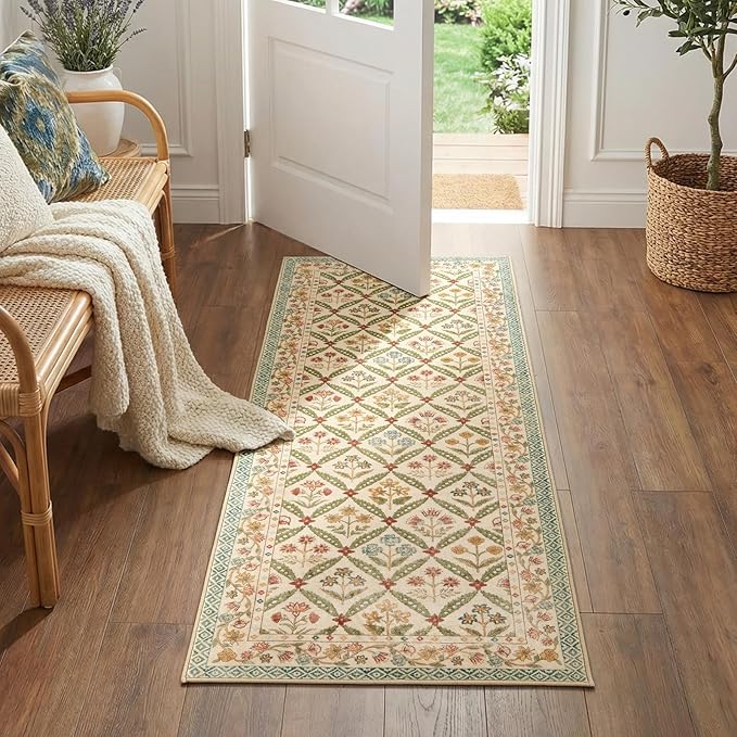 jinchan Runner Rug 2x5 Vintage Floral Washable Hallway Area Rug, Teal Blue | Soft & Lightweight, Checkered Floral, Low Pile, Non Slip, Entryway, Kitchen, Bedside, Laundry Room, Cottage Decor
