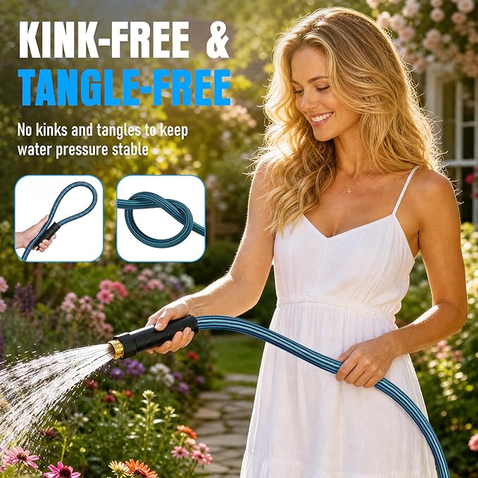 NON-EXPANDABLE 100 ft Garden Hose, Heavy Duty Flexible Water Hose, Kink Resistant Lightweight Hybrid Hose with Durable Fabric Skin, Leakproof Hose Male to Female Fittings