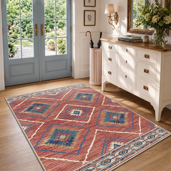 3'x5' Washable Area Rug for Living Room Bedroom Red/Orange | Soft Western No Slip Low Pile Print Foldable Indoor for Kitchen Dining Room