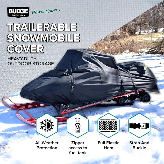 Budge Sportsman Trailerable Snowmobile Cover, Heavy-Duty Waterproof Polyester, Fits Snowmobiles up to 145" L x 51" W x 48" H, Black