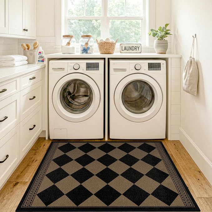 3x4 Checkered Outdoor Rug, Easy Jute Indoor Throw Rug for Entryway, Diamond Farmhouse Front Porch Rug, Boho Washable Non Slip Scandinavian Brown Black Mat for Kitchen, Patio, Bedroom, Backyard