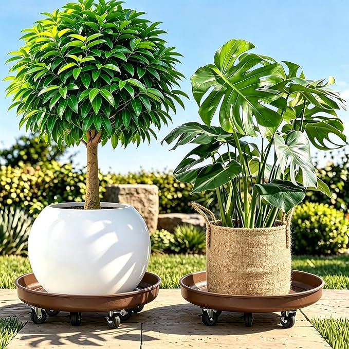 23 inch Plant Saucer Rolling Plant Caddy Rolling Plant Stand with Wheels Plant Tray with Wheels, Heavy Duty Metal, Locking, Sturdy, Rust-Resistant Finish, Easy to Move,Copper 600 lb Capacity