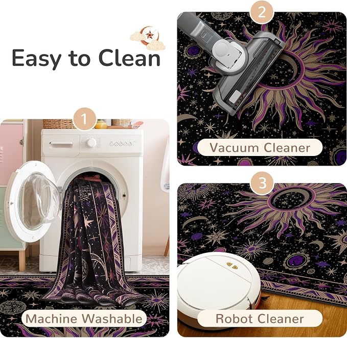 Vacuum-Friendly, 6x9 Washable Area Rug, Black Purple Beige | Sun and Moon Boho Gothic Non-Slip Low Pile Living Roon Bedroom Dining Room Kitchen Entry Entryway Entrance Hallway Doormat
