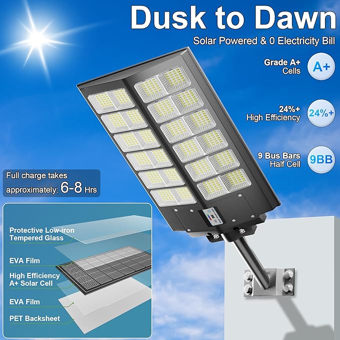 Solar Street Lights Outdoor Waterproof 9000W - LED Solar Powered Street Light Dusk to Dawn with Motion Sensor, Heavy Duty Large Outdoor Solar Lights for Commercial Parking Lot/Garden/Yard/Pathway